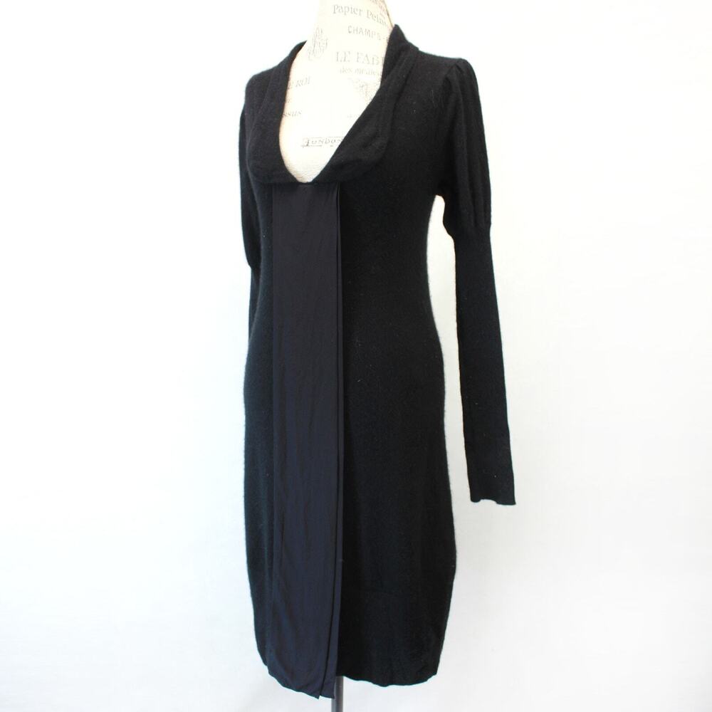 Uluru 100% Cashmere Black Collared Bow Neck Midi Sweater Dress Small